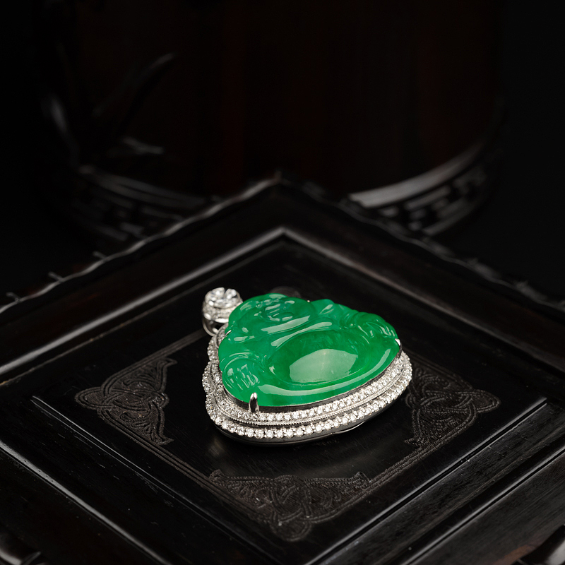 18K金镶缅甸天然阳绿翡翠佛吊坠-红掌柜