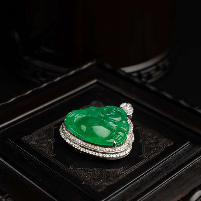 18K金镶缅甸天然糯种阳绿翡翠吊坠-红掌柜