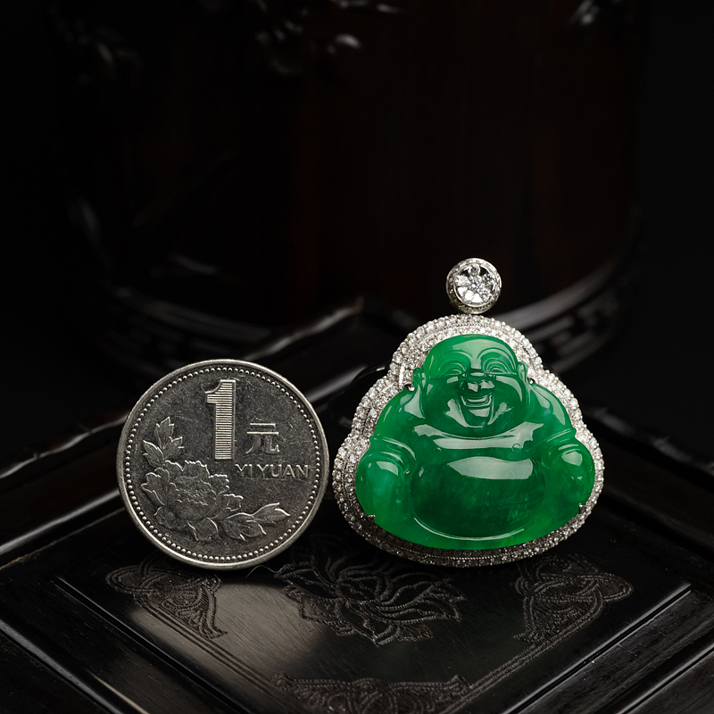 18K金镶糯种阳绿翡翠佛吊坠-红掌柜