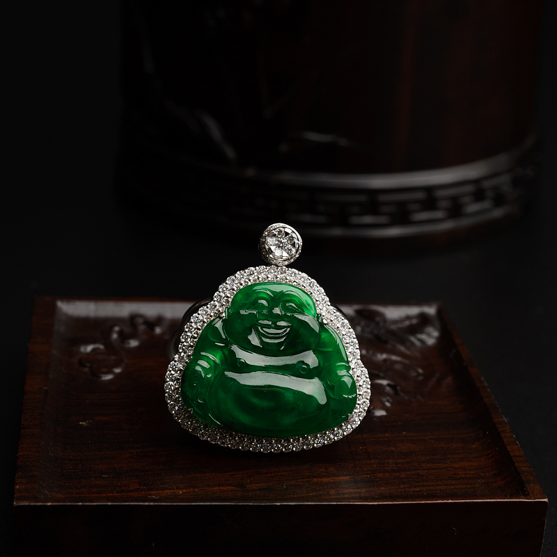 18K金镶钻糯种阳绿翡翠弥勒佛吊坠 - 红掌柜