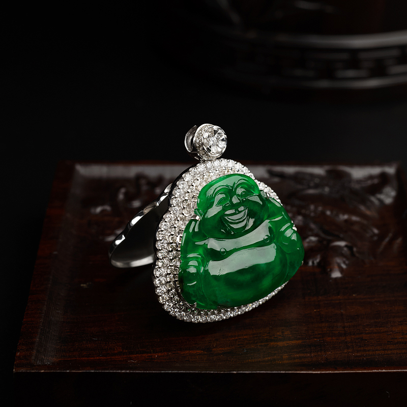 K金镶钻糯种阳绿翡翠弥勒佛吊坠 - 红掌柜