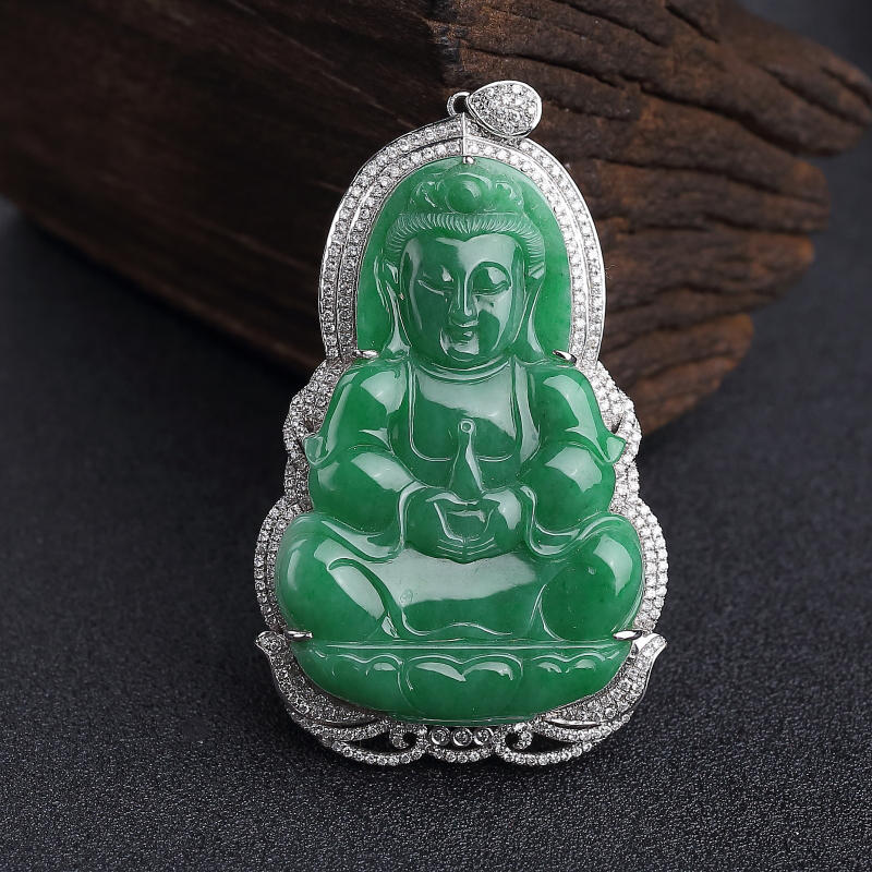 18K金镶钻豆种翠色翡翠观音吊坠-红掌柜