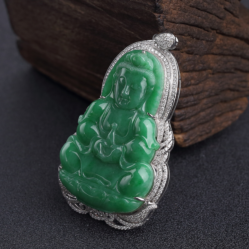 天然豆种翠色翡翠观音吊坠-红掌柜