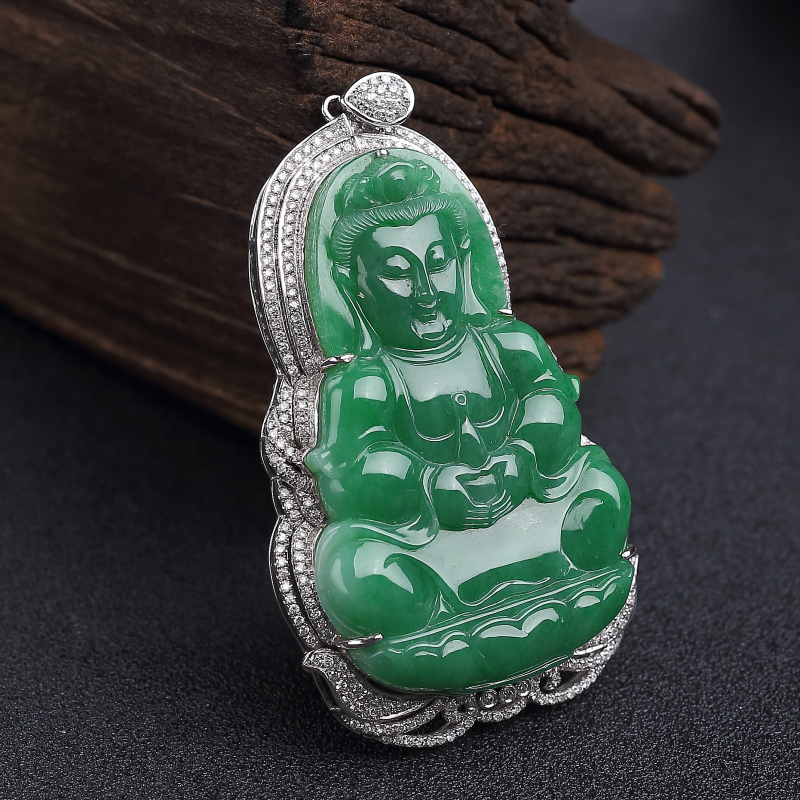 缅甸18K金镶钻豆种翠色翡翠观音吊坠-红掌柜