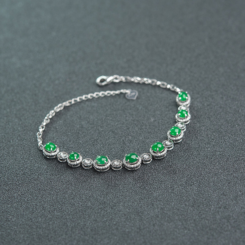 天然18K金镶钻冰种翠色翡翠手链-红掌柜