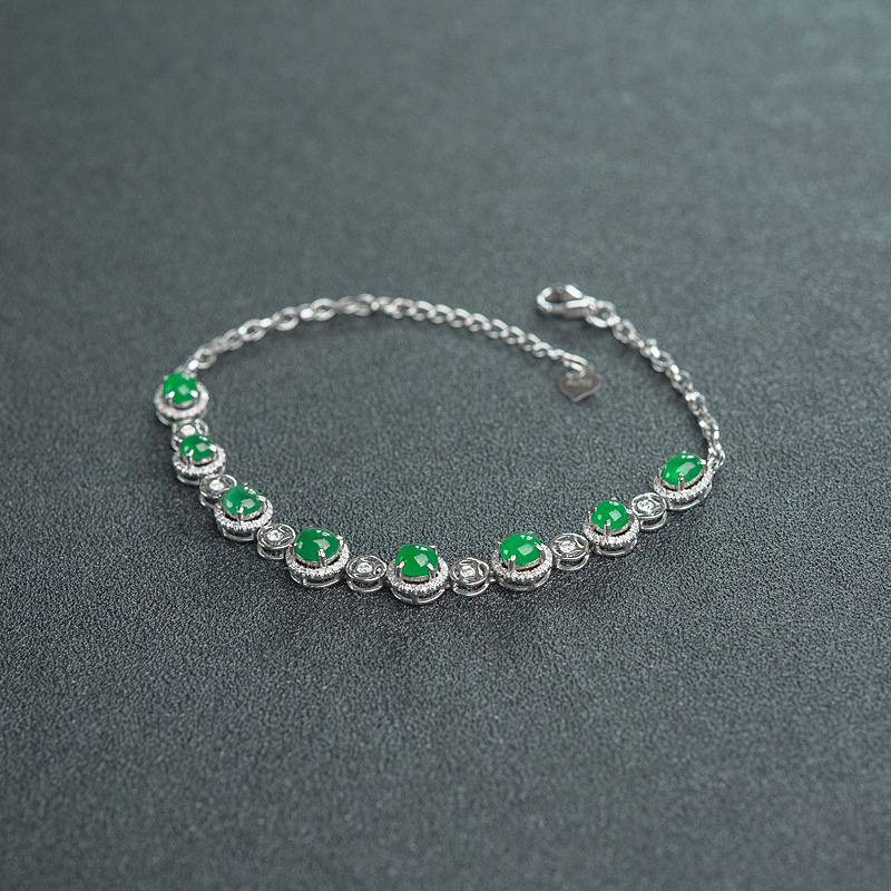 缅甸18K金镶钻冰种翠色翡翠手链-红掌柜