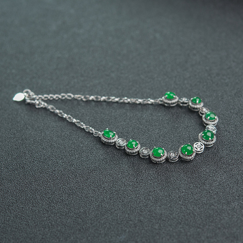 天然18K金镶钻冰种翠色翡翠手链-红掌柜