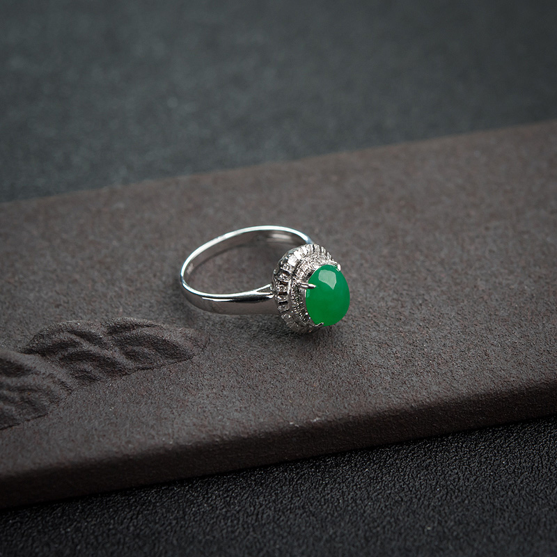 缅甸糯种阳绿翡翠戒指-红掌柜