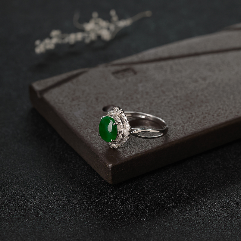 金镶钻糯种翠色翡翠戒指-红掌柜