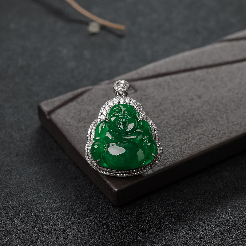 18K金镶钻糯冰种翠色翡翠佛吊坠-红掌柜