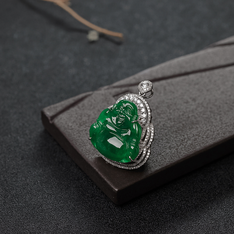 金镶钻糯冰种翠色翡翠佛吊坠-红掌柜