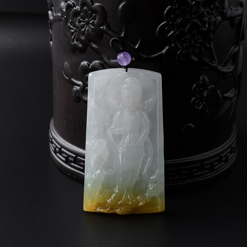 缅甸天然糯种飘黄翡翡翠观音吊坠-红掌柜