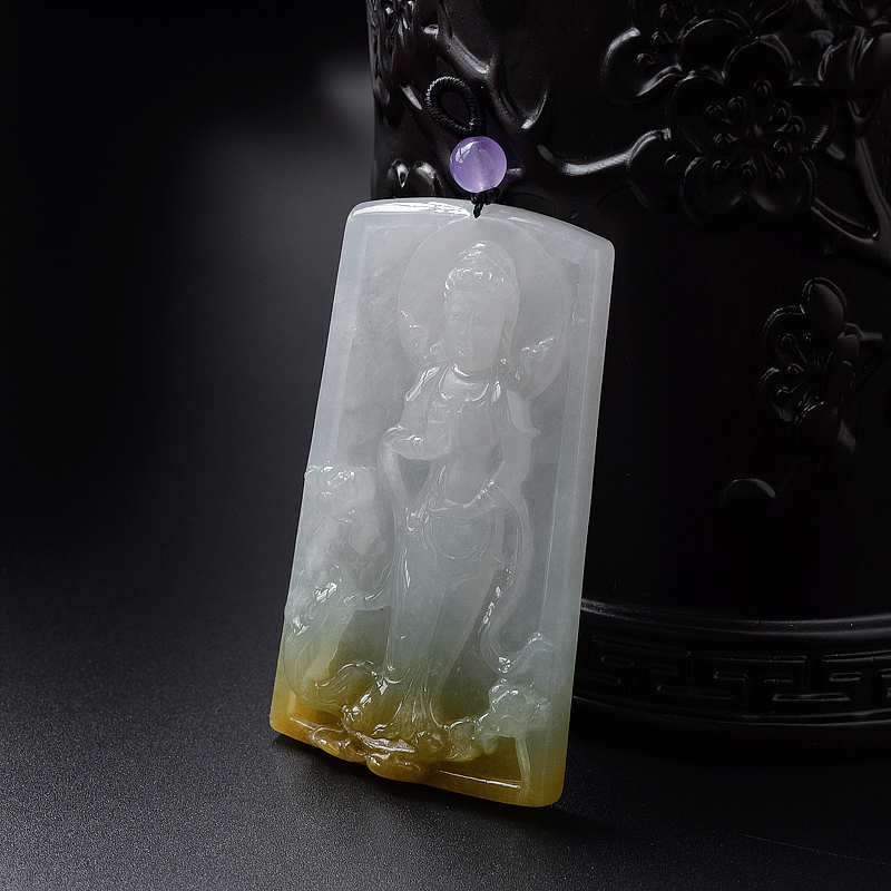 缅甸糯种飘黄翡翡翠观音吊坠-红掌柜