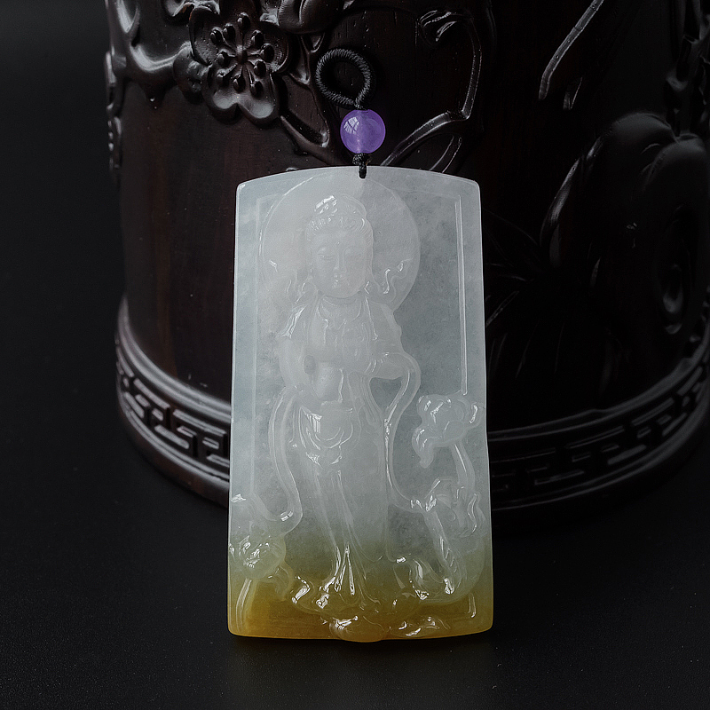 缅甸天然糯种飘黄翡翡翠观音吊坠-红掌柜