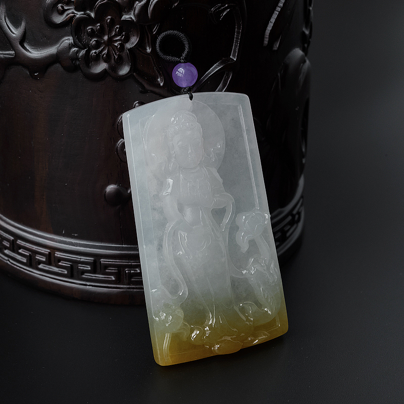 天然糯种飘黄翡翡翠观音吊坠-红掌柜