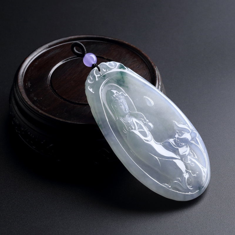 A货冰糯种春带彩翡翠观音吊坠 - 红掌柜