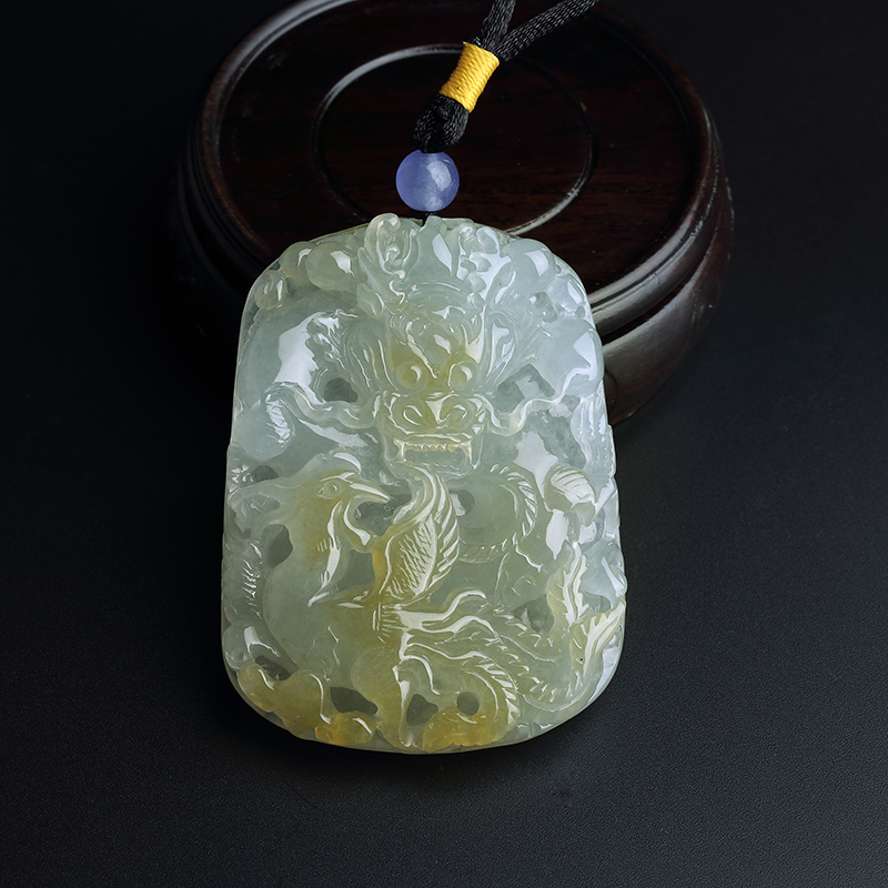 缅甸A货天然糯冰种黄加绿翡翠龙牌挂件 - 红掌柜