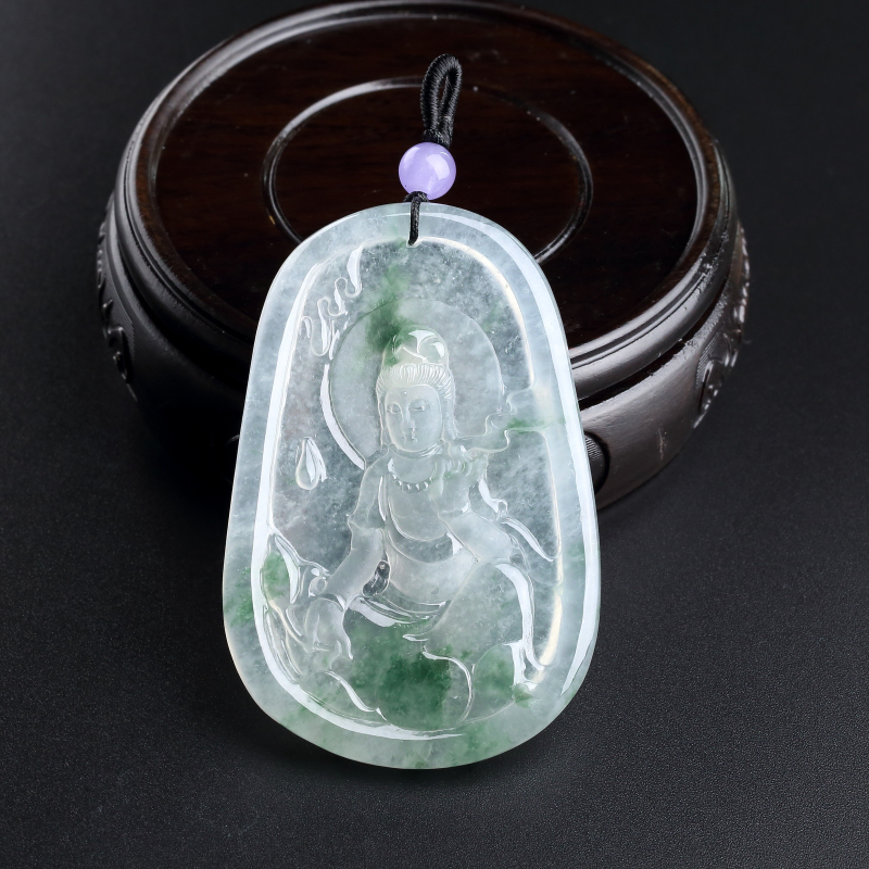 缅甸A货天然冰糯种飘蓝花观音翡翠吊坠 - 红掌柜