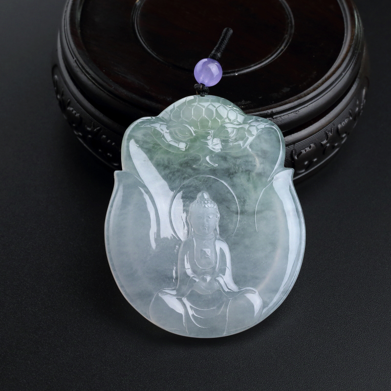 缅甸A货天然冰糯种浅绿翡翠大日如来吊坠 - 红掌柜