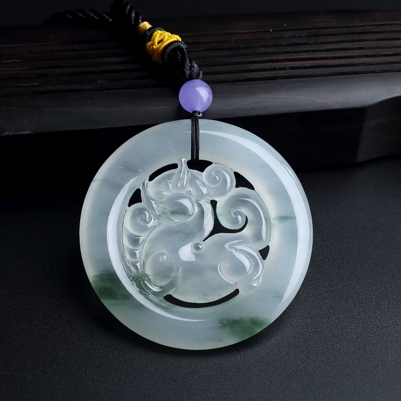 缅甸天然冰糯种飘花翡翠貔貅环吊坠-红掌柜