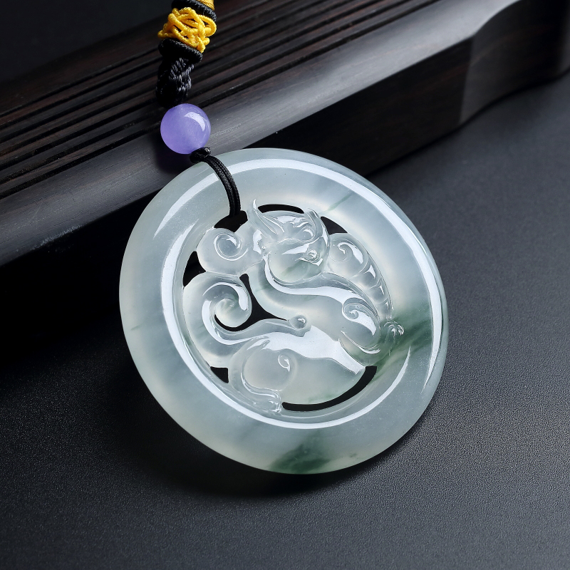 缅甸冰糯种飘花翡翠貔貅环吊坠-红掌柜