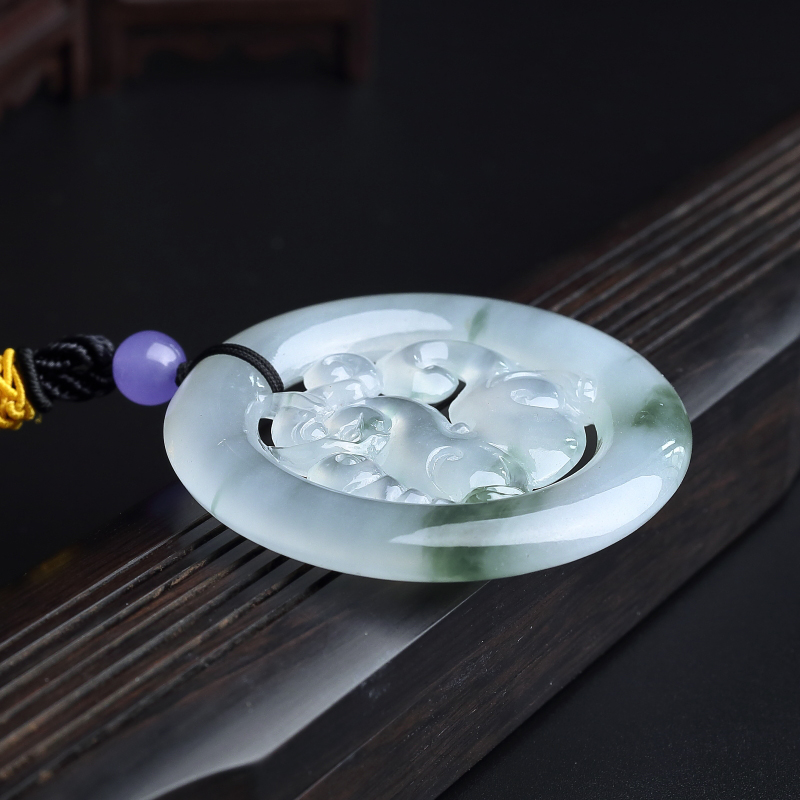 缅甸天然冰糯种翡翠貔貅环吊坠-红掌柜