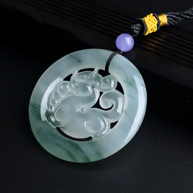 缅甸天然飘花翡翠貔貅环吊坠-红掌柜