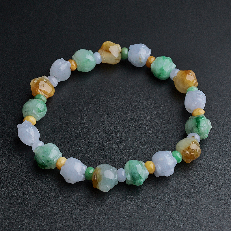 缅甸天然糯种翡翠三彩小猪手链-红掌柜