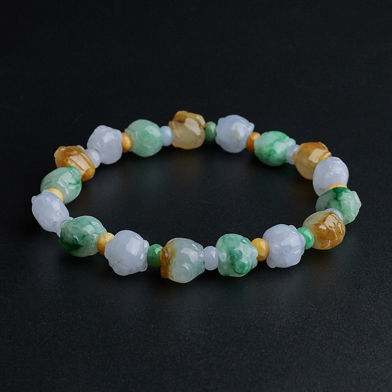 天然糯种翡翠三彩小猪手链-红掌柜