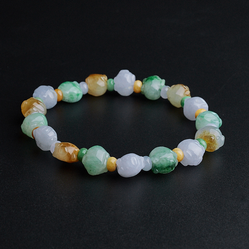 缅甸糯种翡翠三彩小猪手链-红掌柜