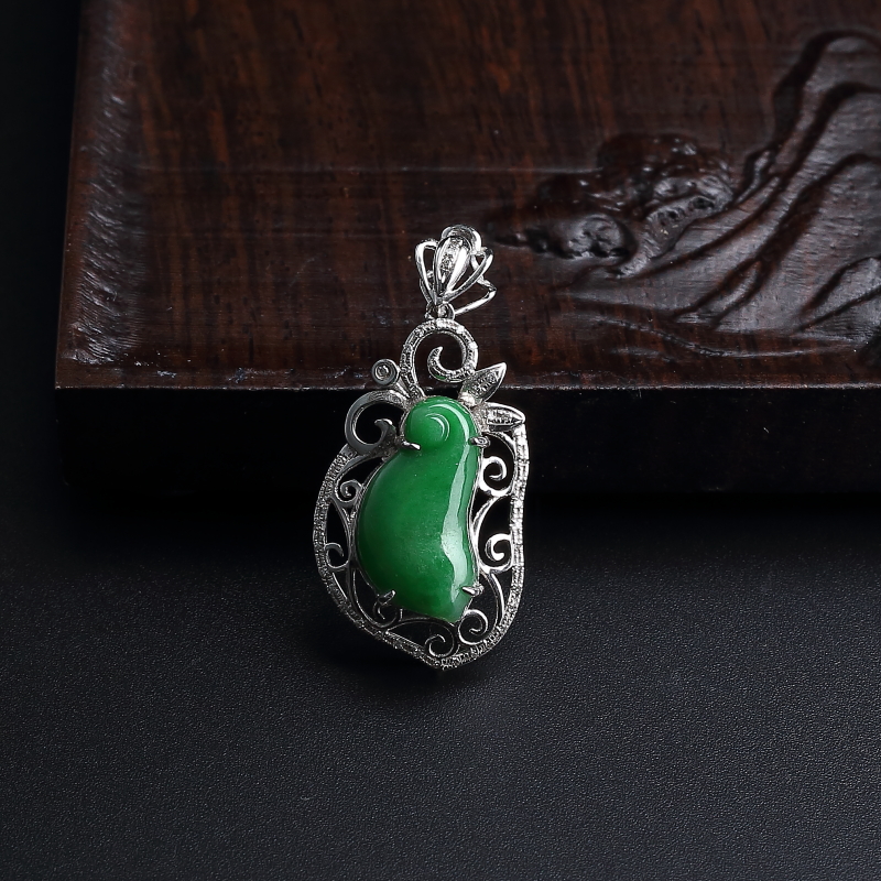 缅甸A货天然18K金镶糯种豆绿耳环吊坠两件套 - 红掌柜