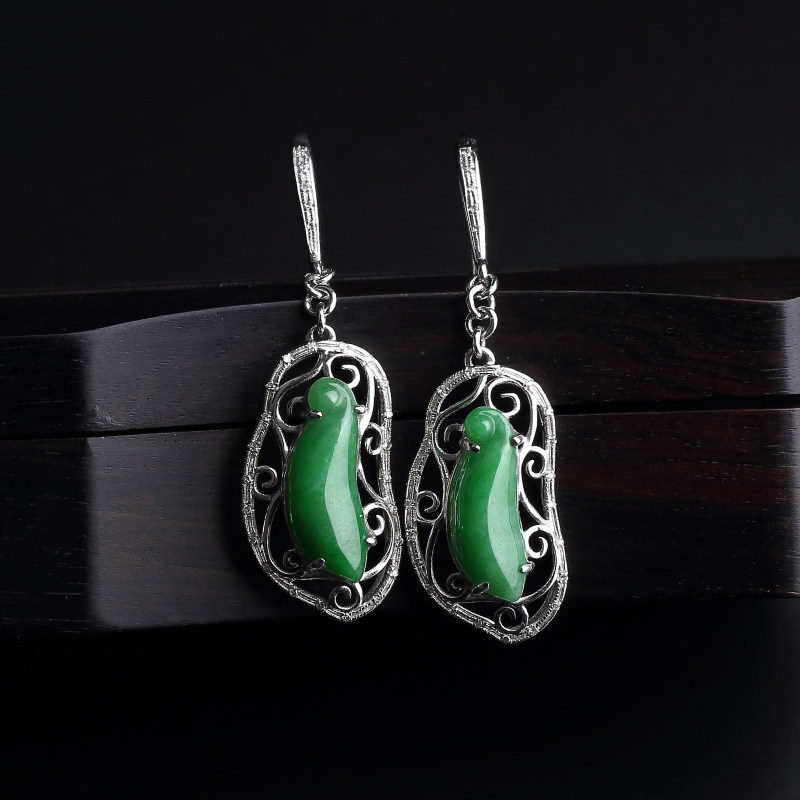 K金镶糯种豆绿耳环吊坠两件套 - 红掌柜