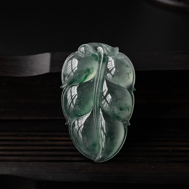 缅甸天然冰糯种飘花翡翠叶子吊坠-红掌柜