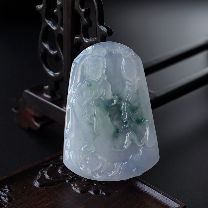 缅甸A货天然冰糯种飘花观音吊坠 - 红掌柜