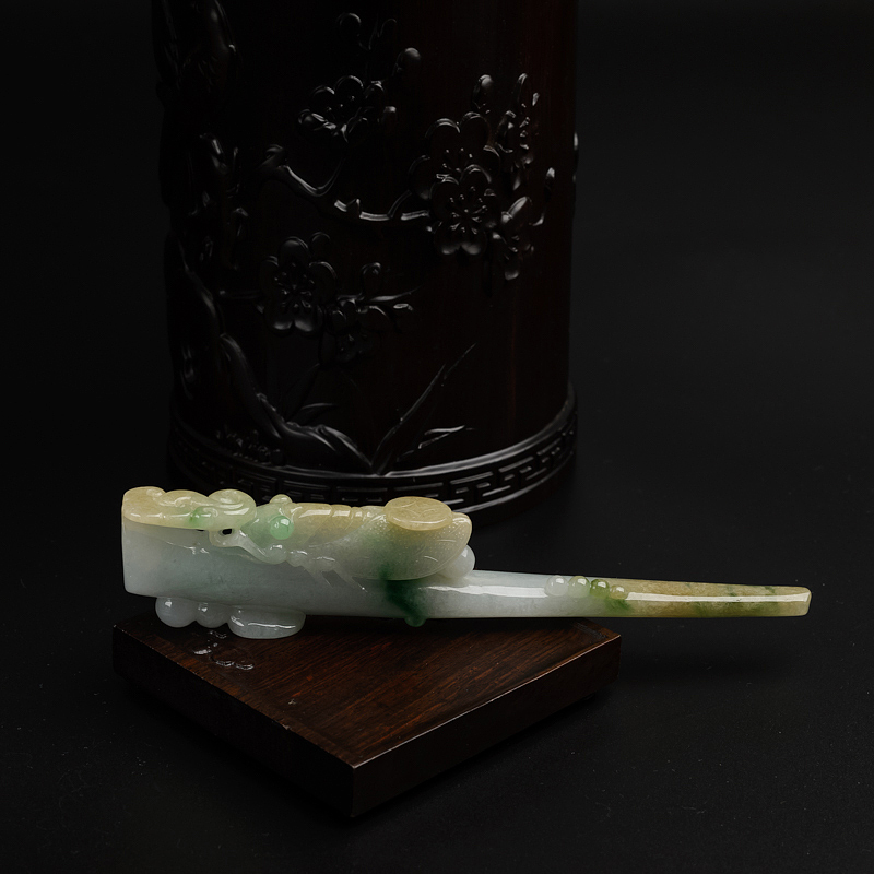 缅甸A货天然糯种浅绿飘黄翡翡翠财丁两旺烟嘴 - 红掌柜