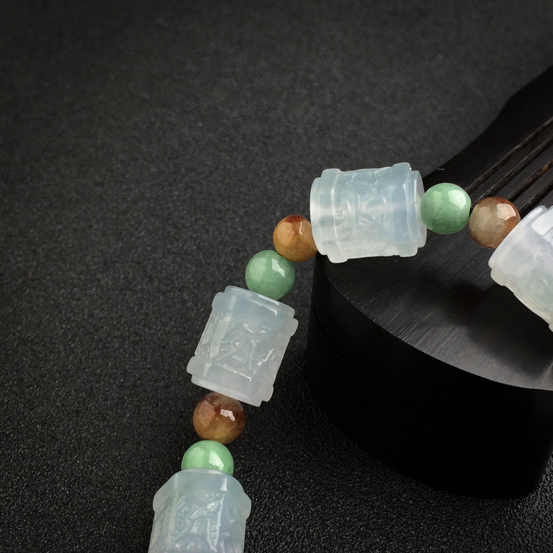 缅甸天然糯冰种翡翠六字真言手串-红掌柜