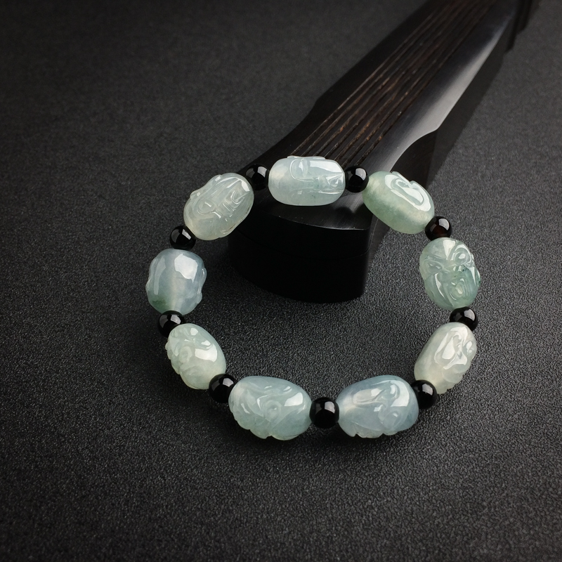 缅甸天然糯种浅绿翡翠罗汉头手串-红掌柜