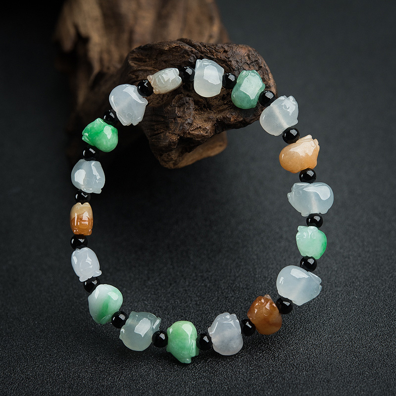 缅甸天然糯种福禄寿翡翠小猪单圈手串-红掌柜