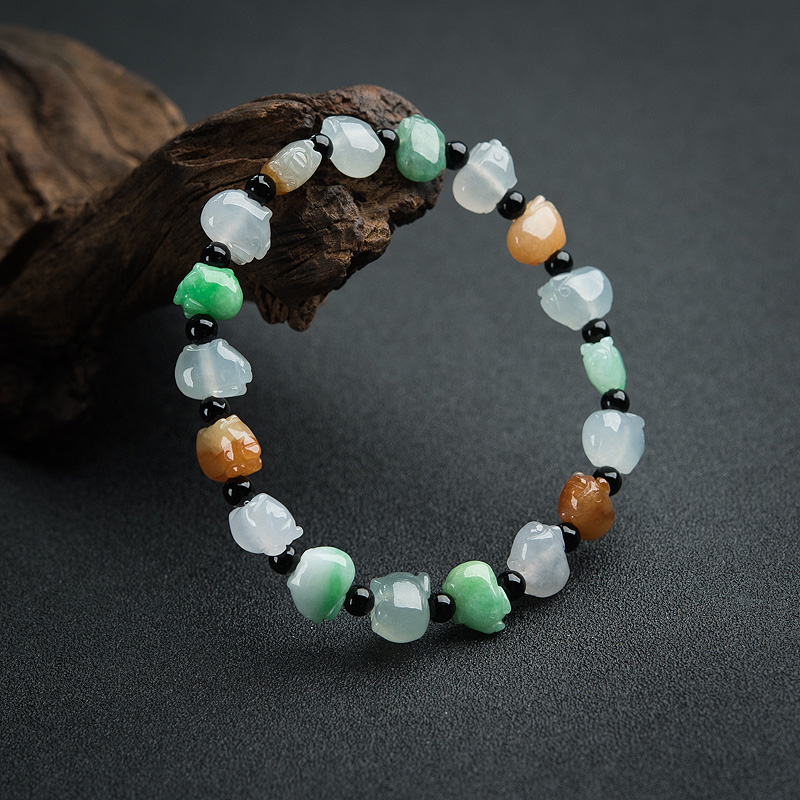 天然糯种福禄寿翡翠小猪单圈手串-红掌柜