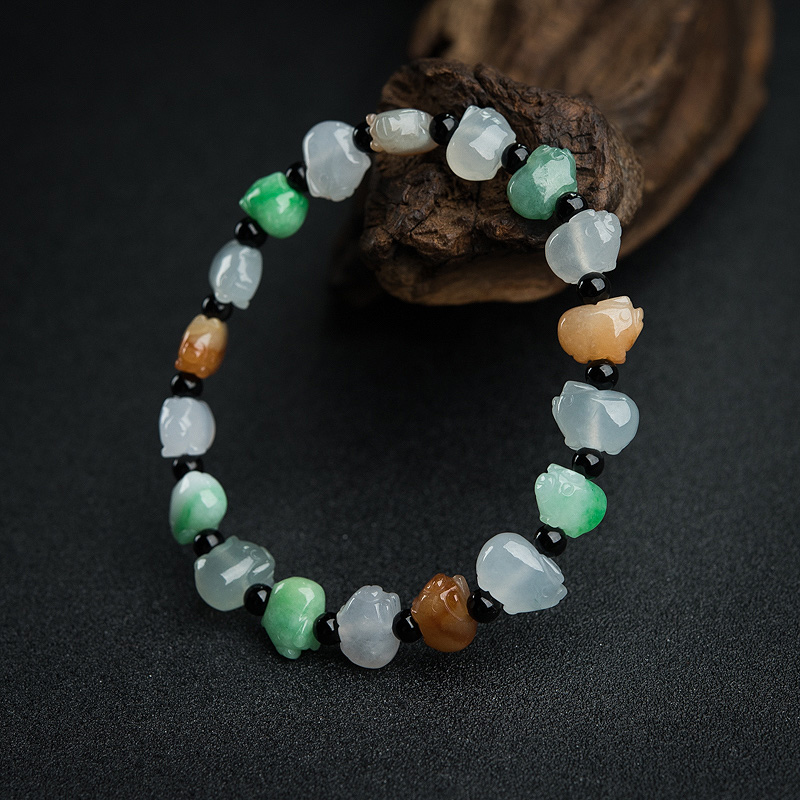 缅甸糯种福禄寿翡翠小猪单圈手串-红掌柜