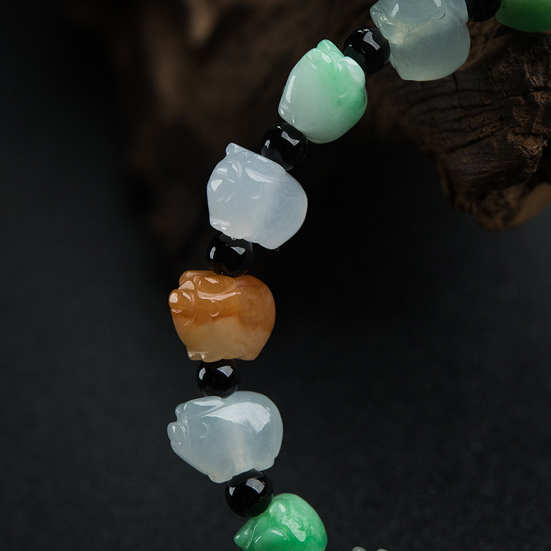 缅甸天然糯种翡翠小猪单圈手串-红掌柜
