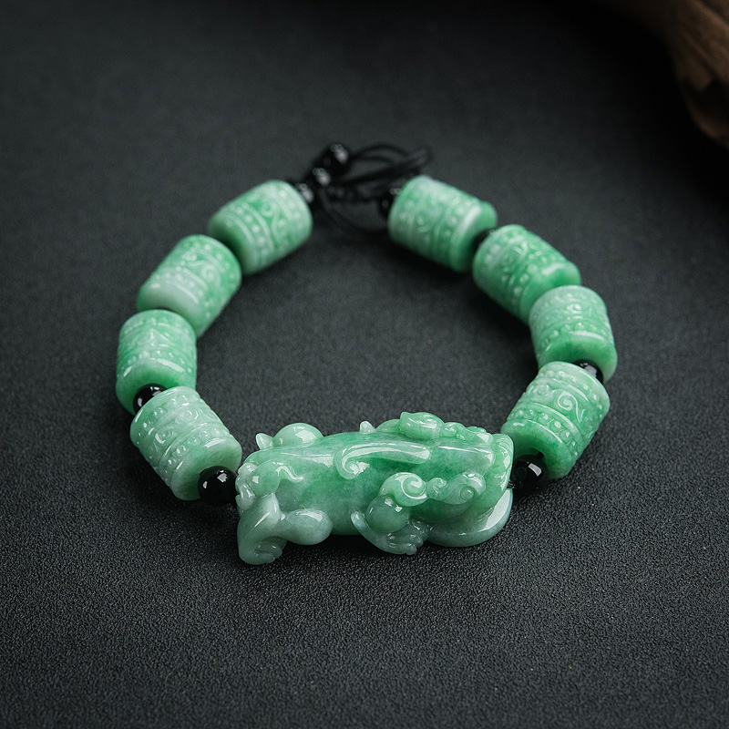 天然糯种浅绿翡翠貔貅桶珠单圈手串-红掌柜