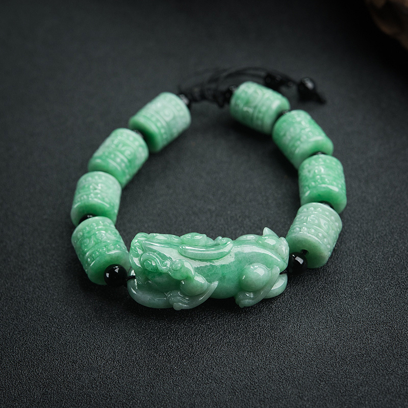 天然糯种翡翠貔貅桶珠单圈手串-红掌柜
