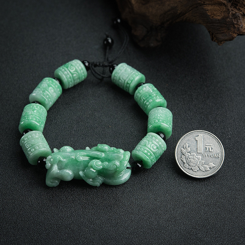糯种浅绿翡翠貔貅桶珠手串-红掌柜