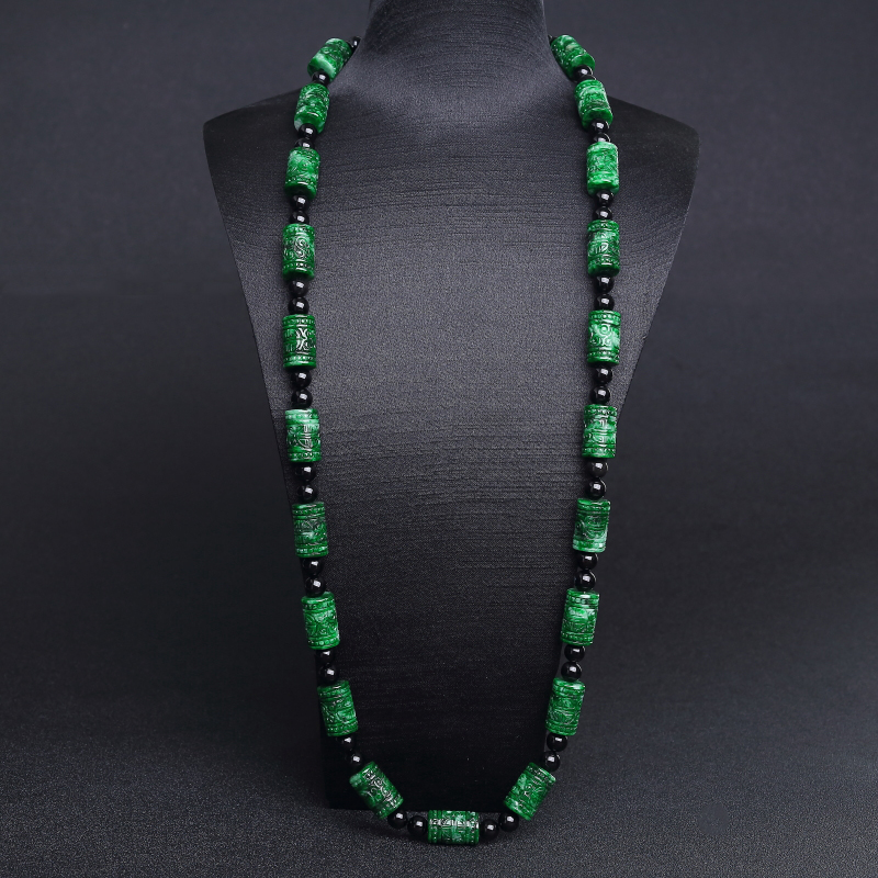 缅甸天然干青种翡翠回纹桶珠项链-红掌柜