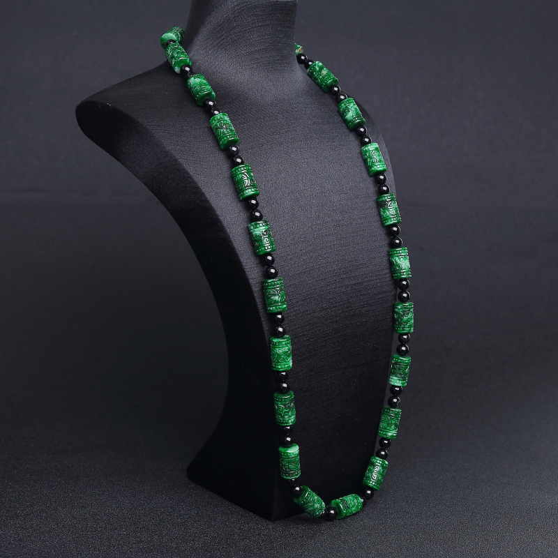 天然干青种翡翠回纹桶珠项链-红掌柜