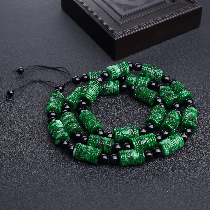 缅甸干青种翡翠回纹桶珠项链-红掌柜