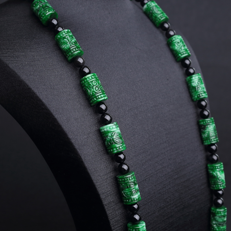 缅甸天然翡翠回纹桶珠项链-红掌柜