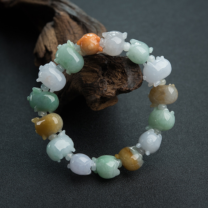 糯种福禄寿翡翠小猪单圈手串-红掌柜