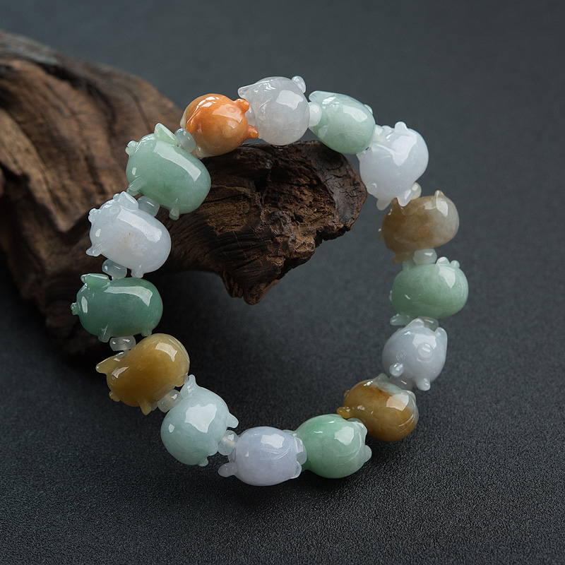 天然糯种福禄寿翡翠小猪单圈手串-红掌柜